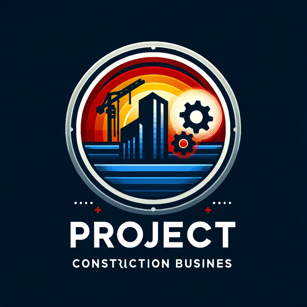 A vibrant logo featuring a sunset over a cityscape with construction cranes and gears, symbolizing a construction business. The text "Project Construction Business" is displayed below the circular design on a dark background, hinting at the meticulous precision of a Digital Marketing Agency.