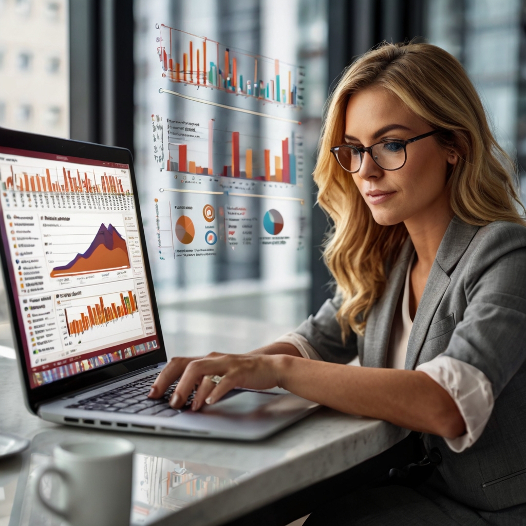 Leonardo Kino XL A businesswoman using a laptop surrounded by 0