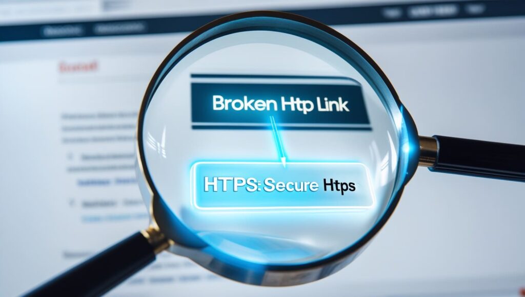 Technical SEO Audit Case Study – Built to Grow Organic Traffic | DIA•LIT A glowing magnifying glass highlights a broken HTTP link turning into a secure HTTPS version on a website interface, representing SEO troubleshooting.