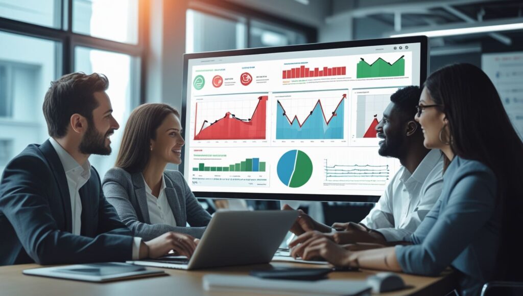 Technical SEO Audit Case Study – Built to Grow Organic Traffic | DIA•LIT A digital marketing team analyzing a website audit report on a large screen, with graphs showing improvement from red to green. Office setting with confident atmosphere.